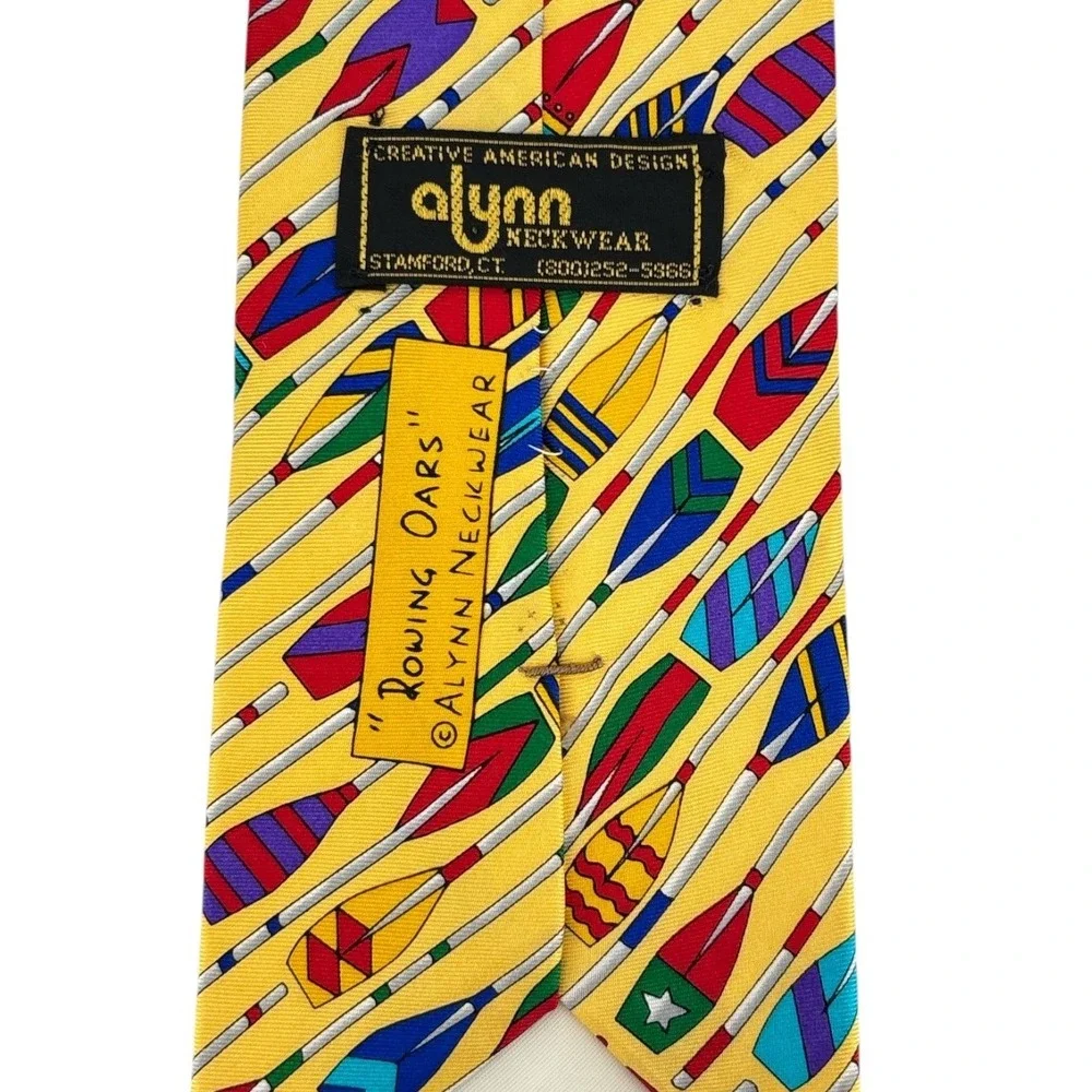 Vintage Alynn Neckwear Silk Tie Yellow Rowing Oars Made in USA Novelty 58